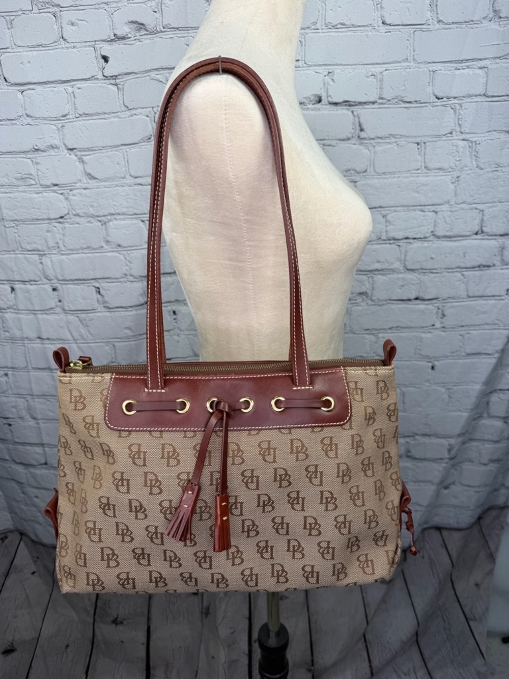 Vintage Dooney & Bourke Signature monogrammed canvas tassel tote bag